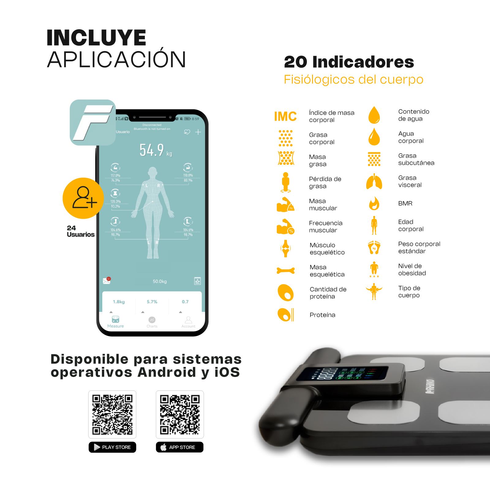 Báscula Inteligente de Pesaje Corporal con 8 Electrodos 180 kg