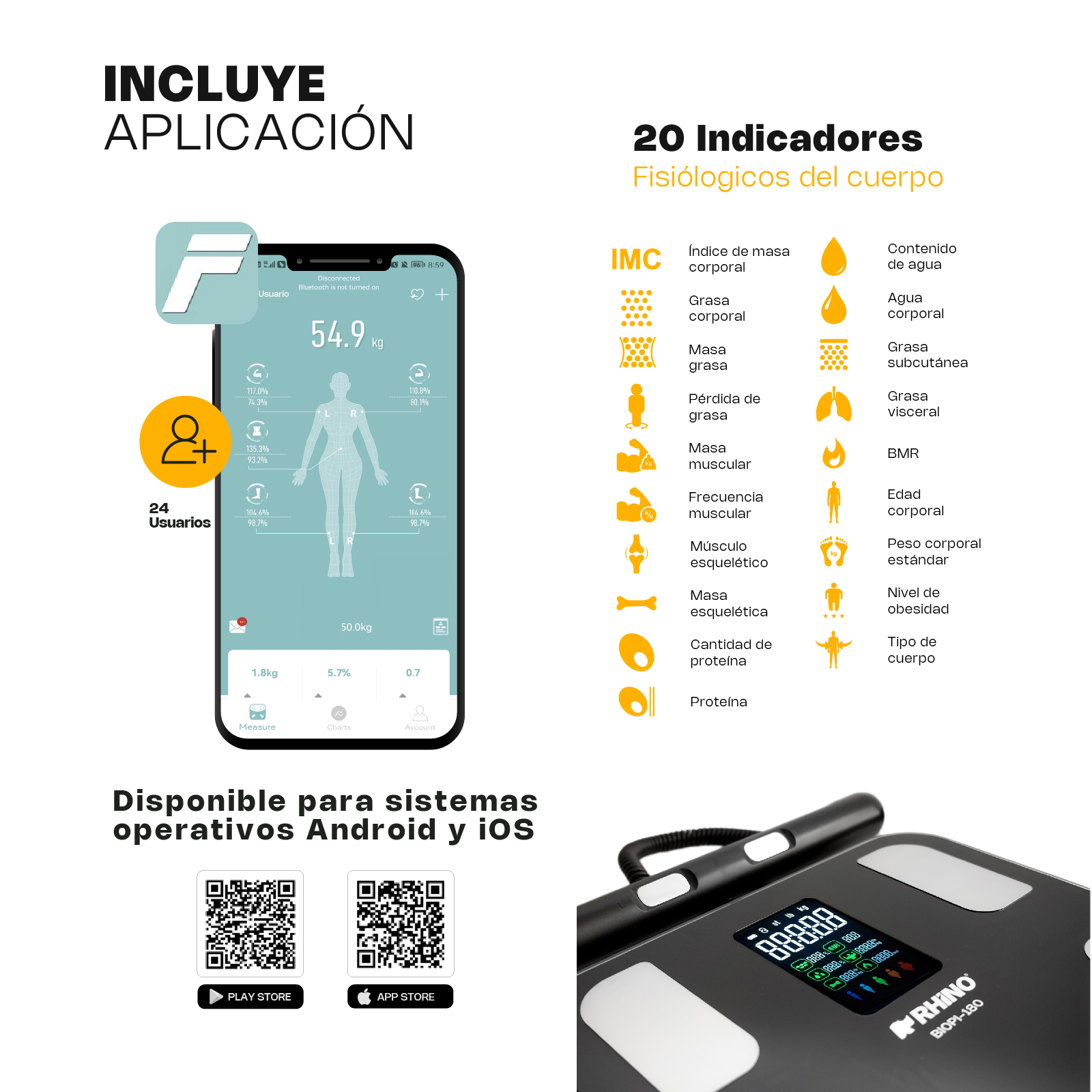 Báscula Inteligente de Pesaje Corporal con 8 Electrodos 180 kg